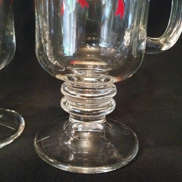 2 Vintage Libbey Clear Glass Pedestal Christmas Bow Irish Coffee Mugs Gold Trim - Picture 5 of 11